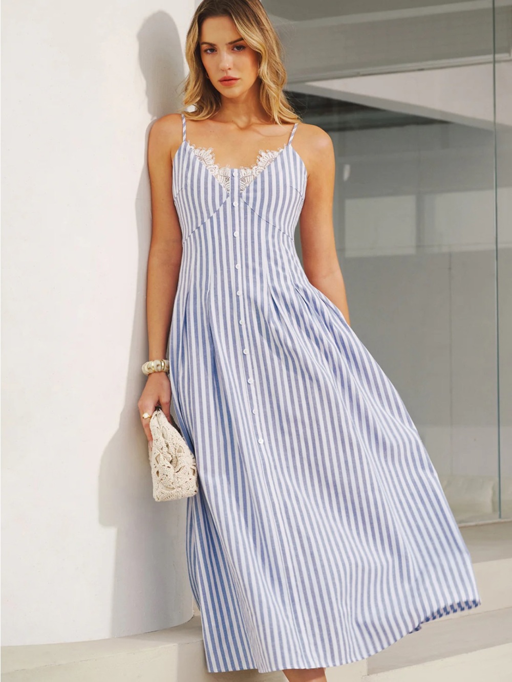 Commense Lace Trim Striped Cotton Cami Maxi Dress Size Small NWT
